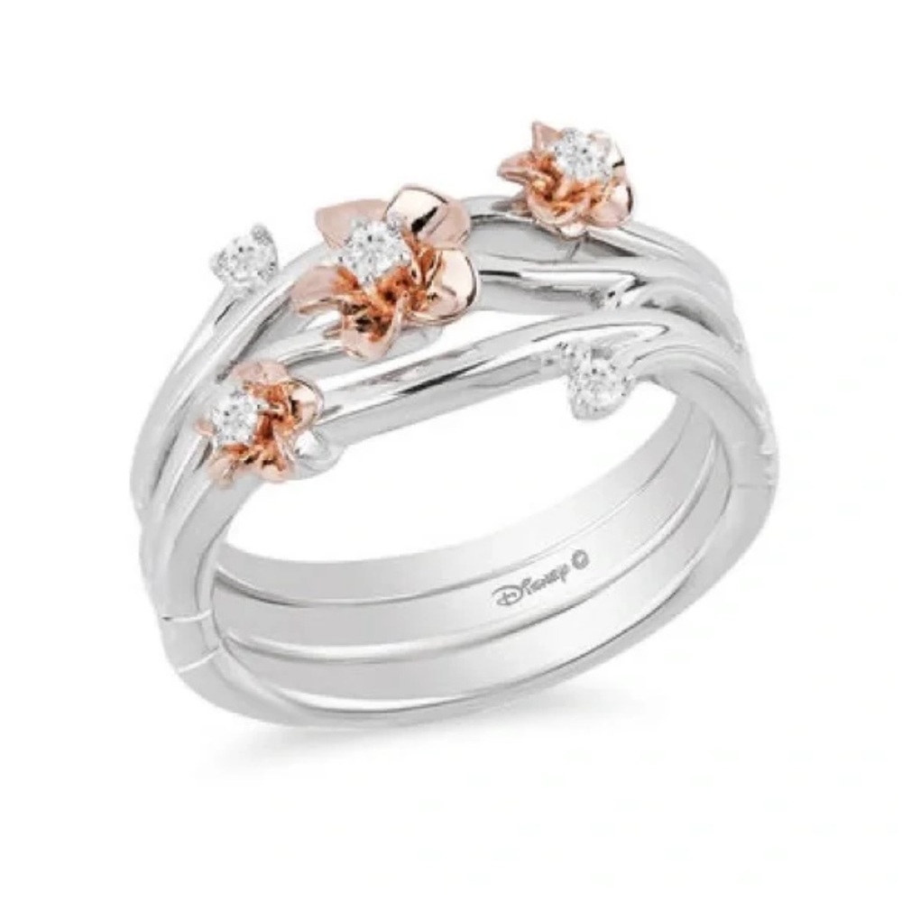 Disney Enchanted Mulan Silver and Rose Gold Floral Accent Ring Size 7